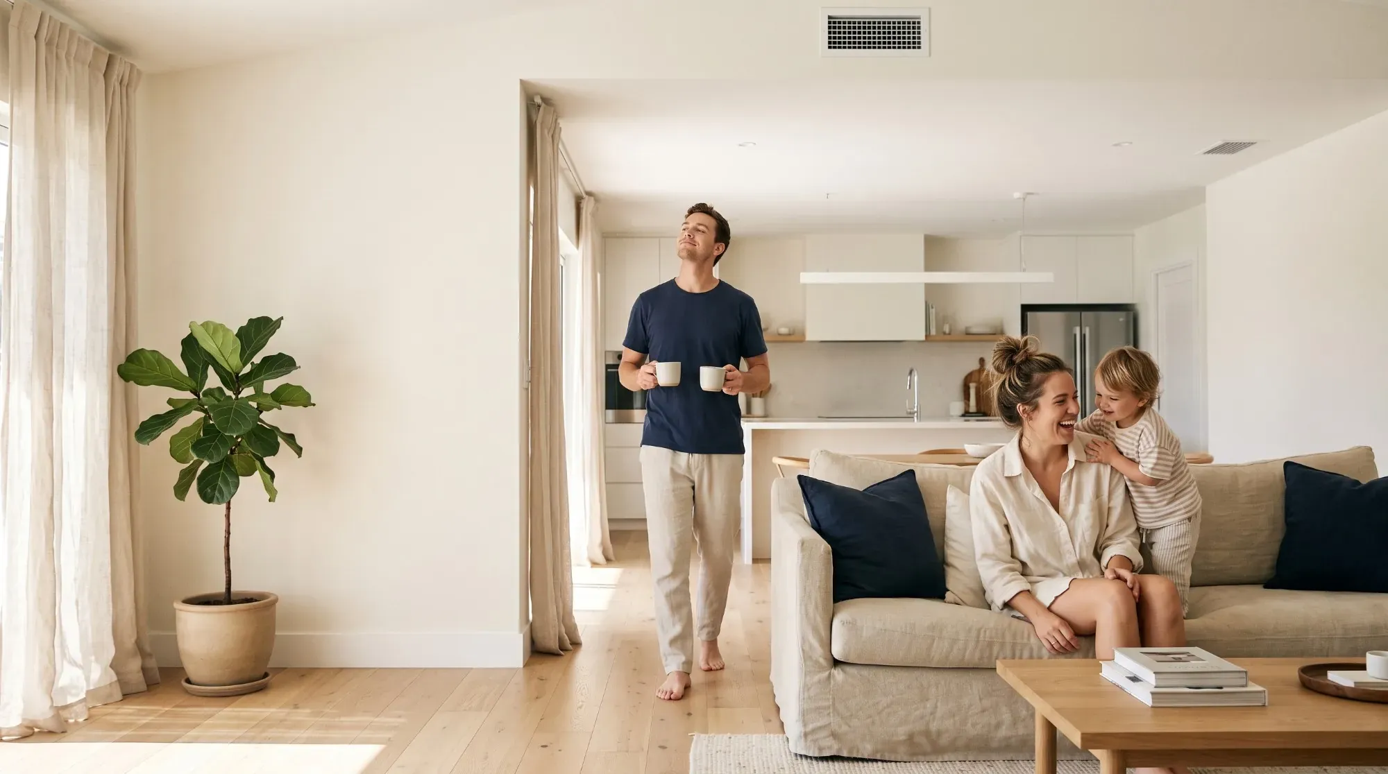 A sunlit living room: a mother laughing with her small son on the sofa while the father walks in with two coffees, breathing in the scent of the room