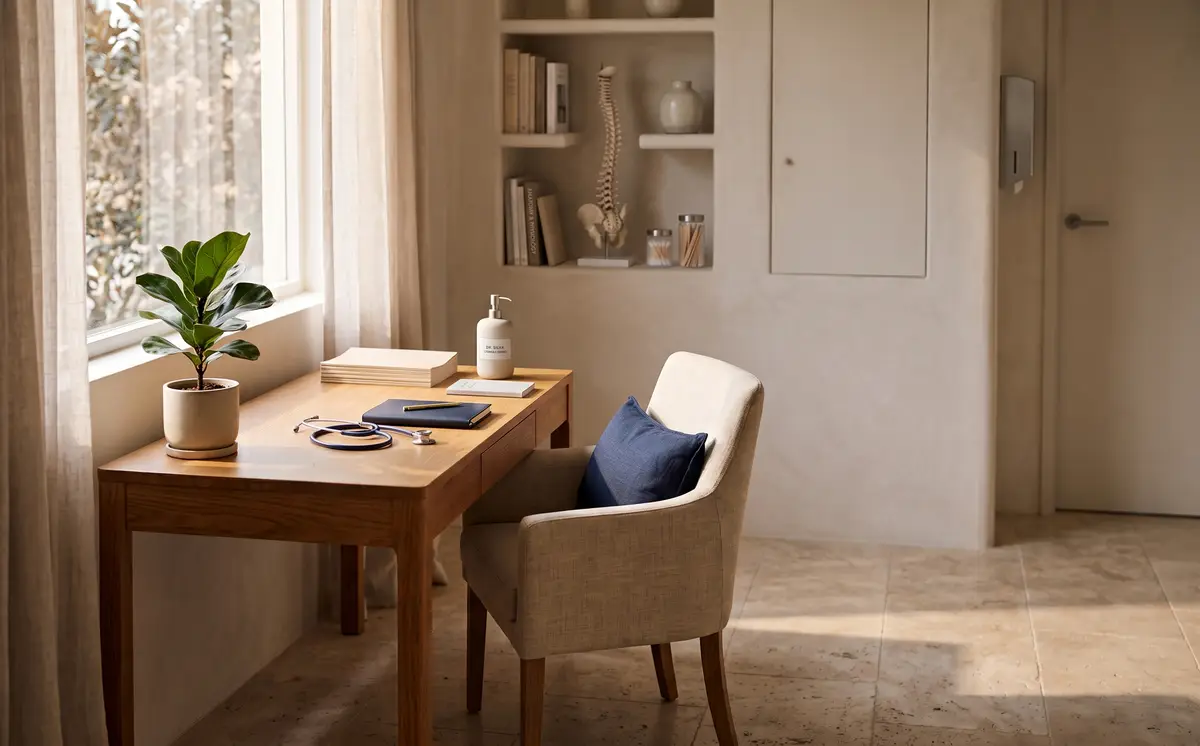 A quiet consulting room in morning light, with a timber desk beside a curtained window and a linen armchair