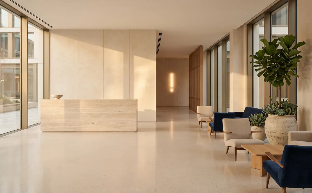 A bright reception hall with a travertine counter, floor-to-ceiling glazing and low armchairs around a plant