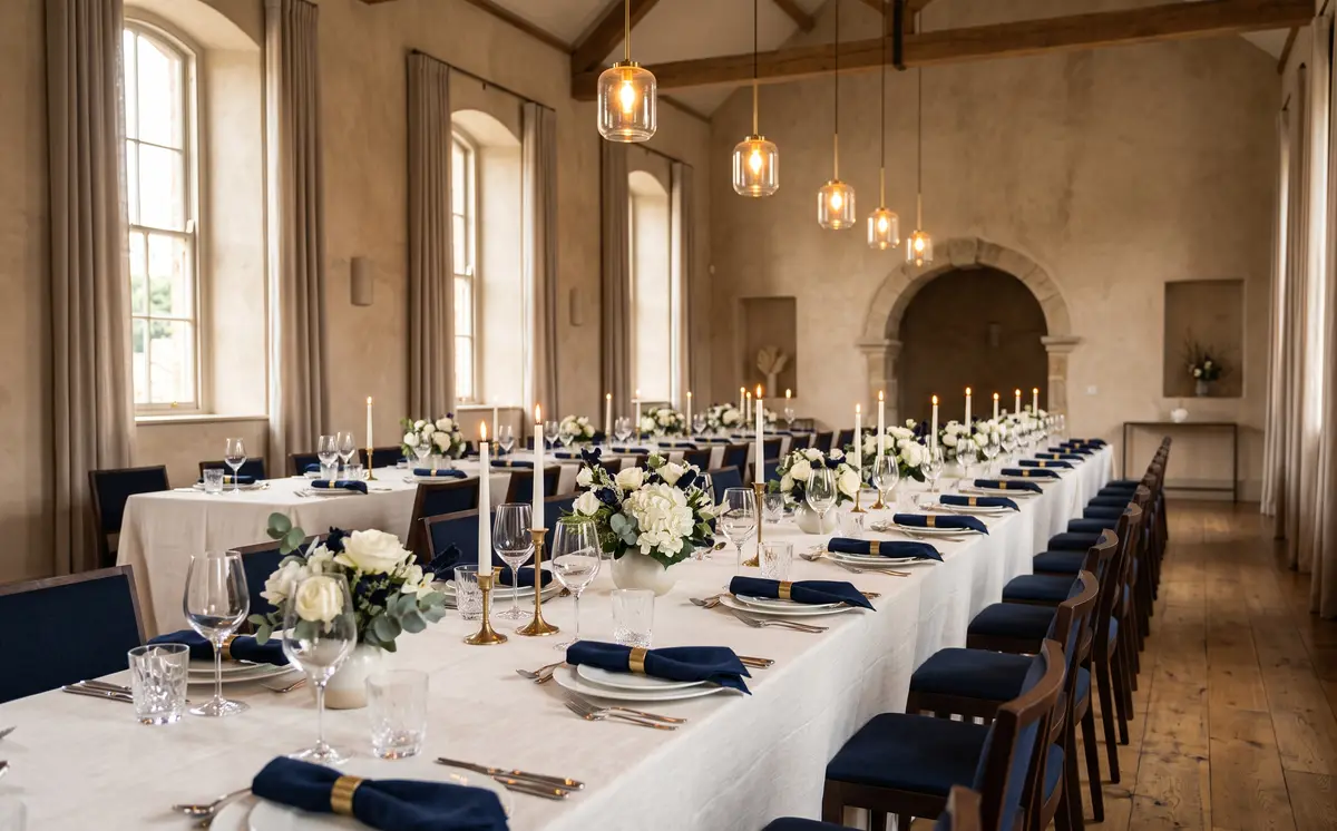 A long banquet table under glass pendants in a high-ceilinged hall, laid with white linen, candles and white roses