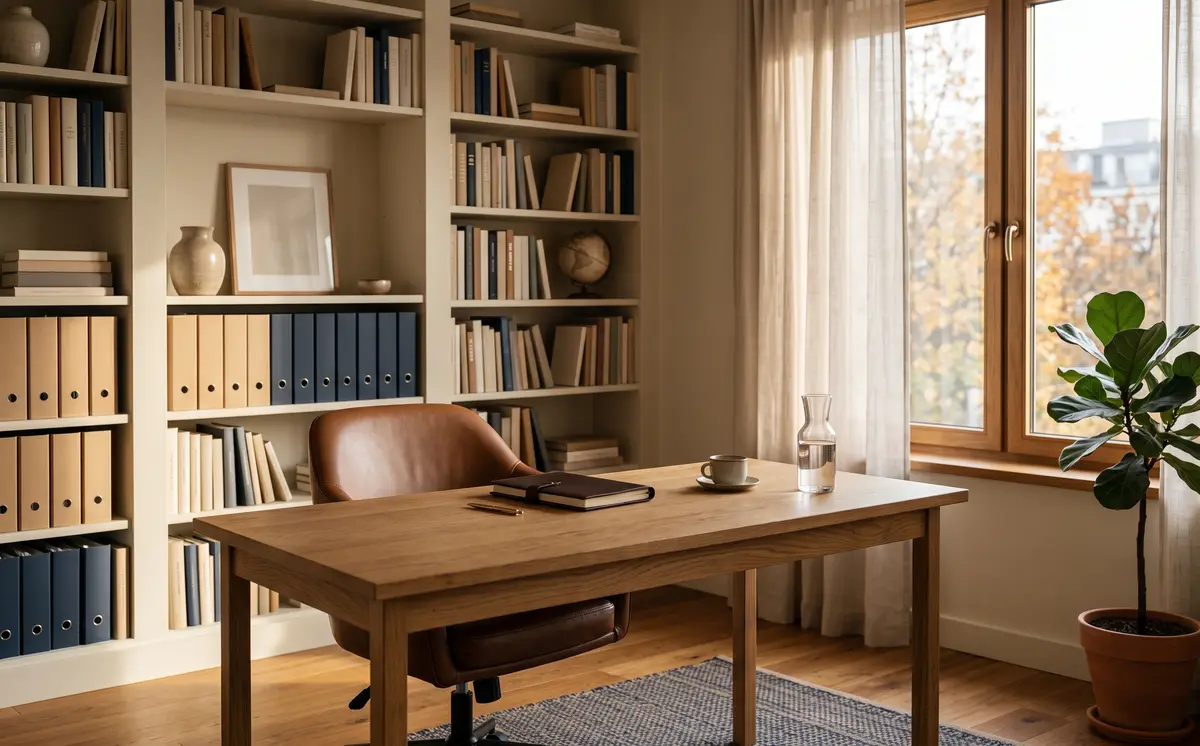 A warm study with a wide oak desk, full bookshelves and a leather chair beside a window