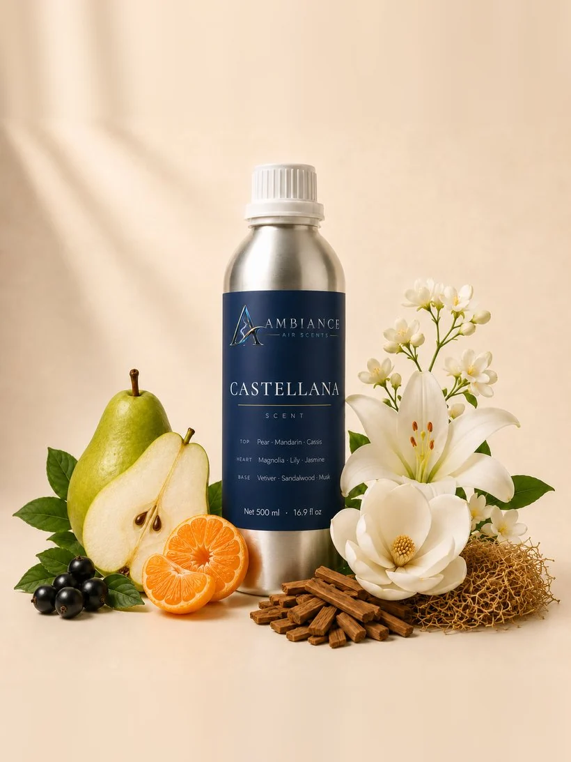 Castellana 500 ml refill bottle, shown with its key ingredients