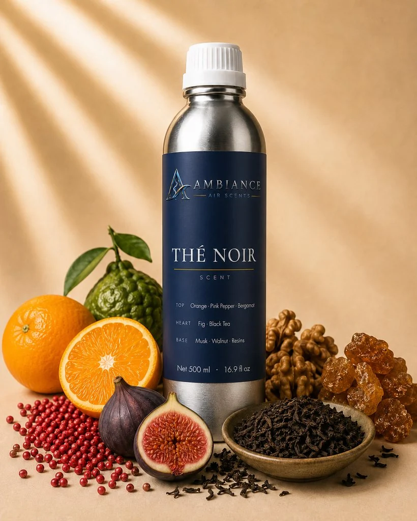 Thé Noir 500 ml refill bottle, shown with its key ingredients