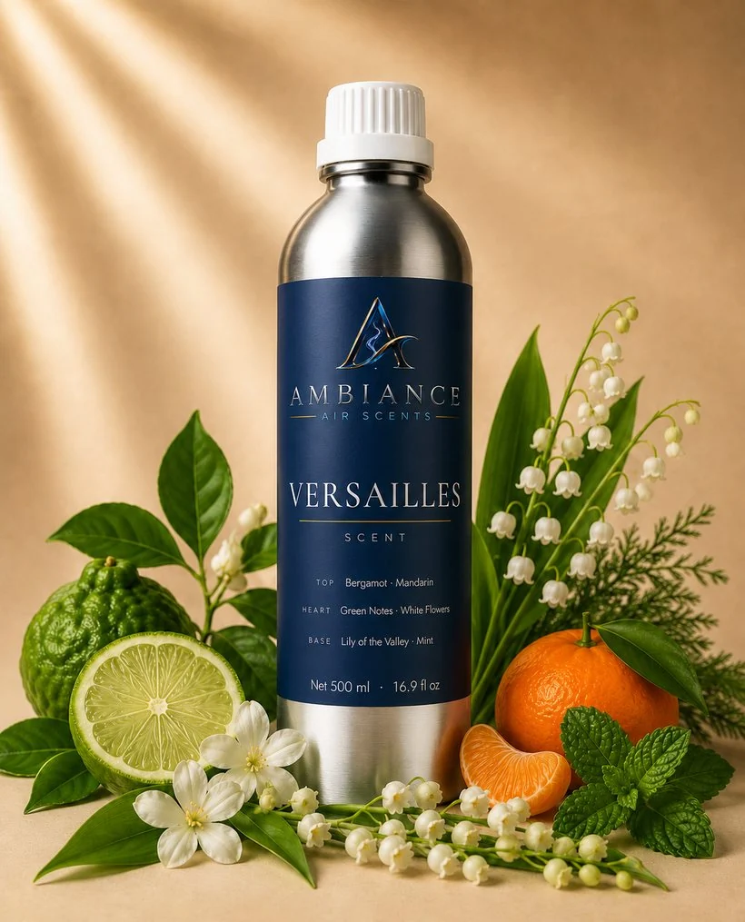 Versailles 500 ml refill bottle, shown with its key ingredients